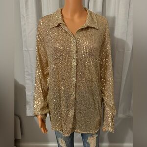 Pretty Porter Collective size L gold sequin button up long sleeve shirt new